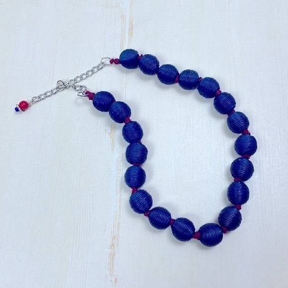 Navy Blue Corded Beads with Red Knots, Necklace,  18.5” - 21” Long - Picture 1 of 7